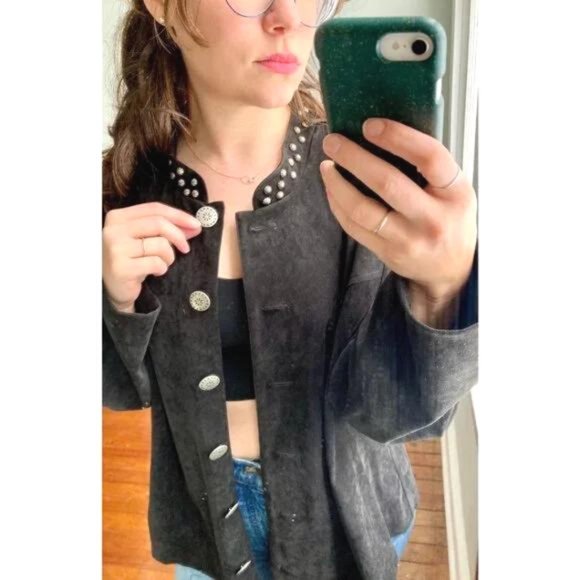 Vintage Suede Black Western Silver Oversized Shacket Button Down Jacket - Picture 4 of 7